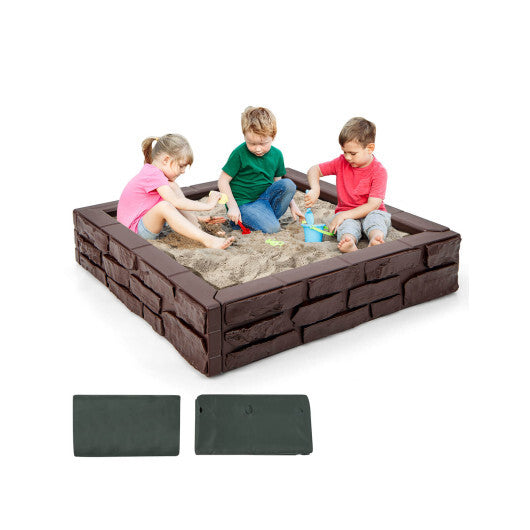 2-In-1 HDPE Kids Sandbox with Cover and Bottom Liner-Brown - Color: Brown