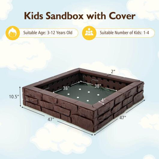 2-In-1 HDPE Kids Sandbox with Cover and Bottom Liner-Brown - Color: Brown