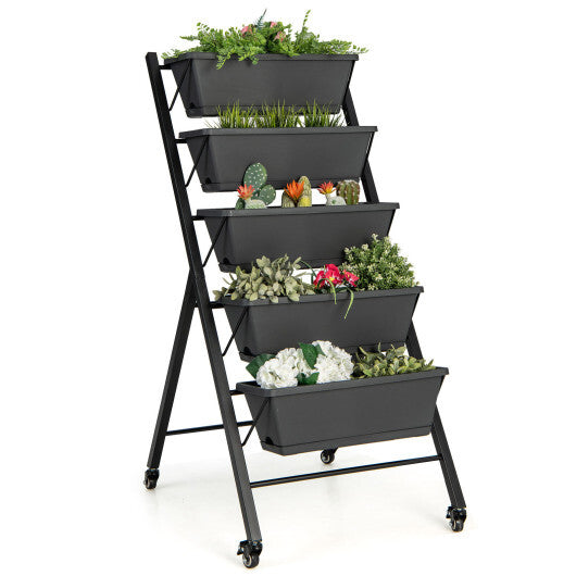 5-Tier Vertical Raised Garden Bed with Wheels and Container Boxes - Color: Black