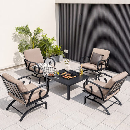 5 Pieces Patio Rocking Chairs and 4-in-1 Fire Pit Table with Fire Poker - Color: Brown