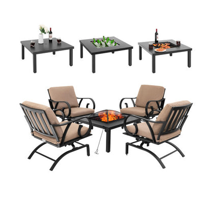 5 Pieces Patio Rocking Chairs and 4-in-1 Fire Pit Table with Fire Poker - Color: Brown