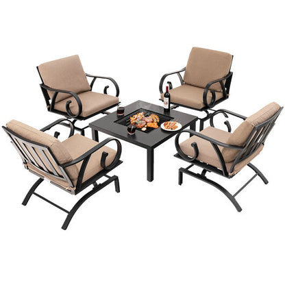 5 Pieces Patio Rocking Chairs and 4-in-1 Fire Pit Table with Fire Poker - Color: Brown