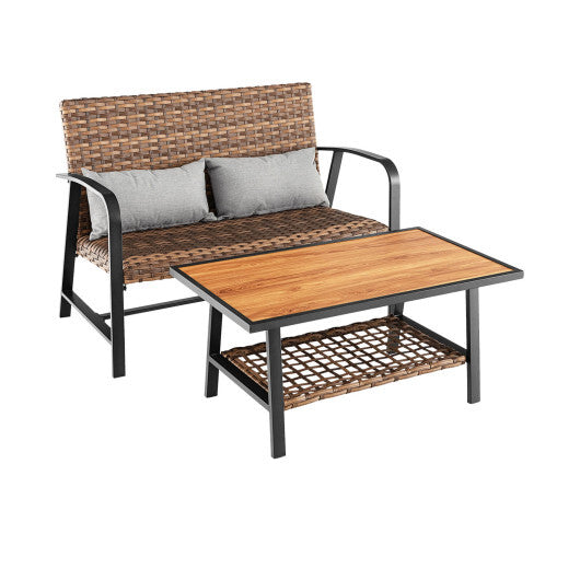 2 Pieces Patio Rattan Coffee Table Set with Shelf and Quick Dry Cushion - Color: Brown