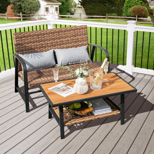 2 Pieces Patio Rattan Coffee Table Set with Shelf and Quick Dry Cushion - Color: Brown