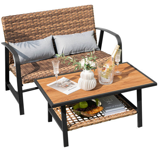 2 Pieces Patio Rattan Coffee Table Set with Shelf and Quick Dry Cushion - Color: Brown