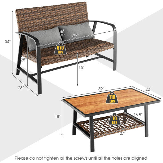 2 Pieces Patio Rattan Coffee Table Set with Shelf and Quick Dry Cushion - Color: Brown