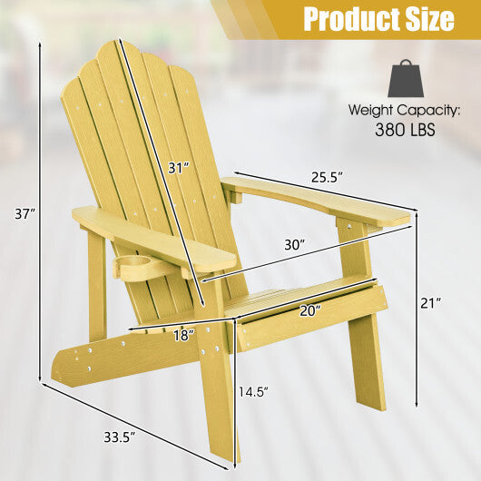 Weather Resistant HIPS Outdoor Adirondack Chair with Cup Holder-Yellow - Color: Yellow