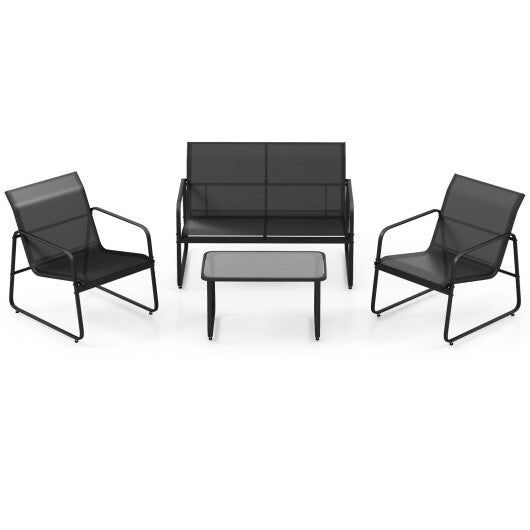 4 Pieces Outdoor Conversation Set with Tempered Glass Coffee Table-Black - Color: Black