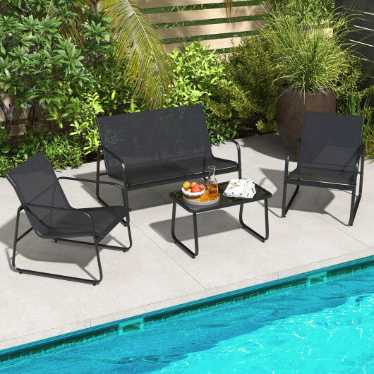 4 Pieces Outdoor Conversation Set with Tempered Glass Coffee Table-Black - Color: Black