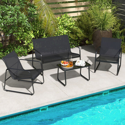 4 Pieces Outdoor Conversation Set with Tempered Glass Coffee Table-Black - Color: Black