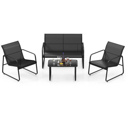 4 Pieces Outdoor Conversation Set with Tempered Glass Coffee Table-Black - Color: Black