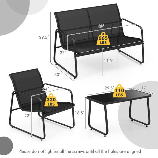 4 Pieces Outdoor Conversation Set with Tempered Glass Coffee Table-Black - Color: Black