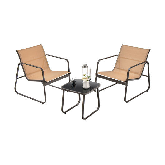 3 Pieces Patio Conversation Set with Breathable Fabric and Tabletop-Brown - Color: Brown