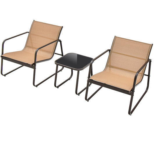 3 Pieces Patio Conversation Set with Breathable Fabric and Tabletop-Brown - Color: Brown