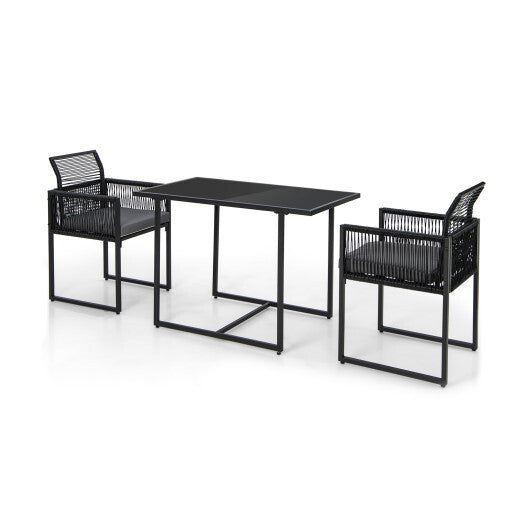 3 Pieces Outdoor Dining Set with Folding Backrest and Seat Cushions-Black - Color: Black