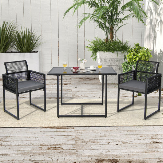 3 Pieces Outdoor Dining Set with Folding Backrest and Seat Cushions-Black - Color: Black