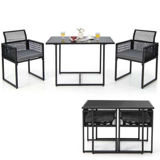 3 Pieces Outdoor Dining Set with Folding Backrest and Seat Cushions-Black - Color: Black