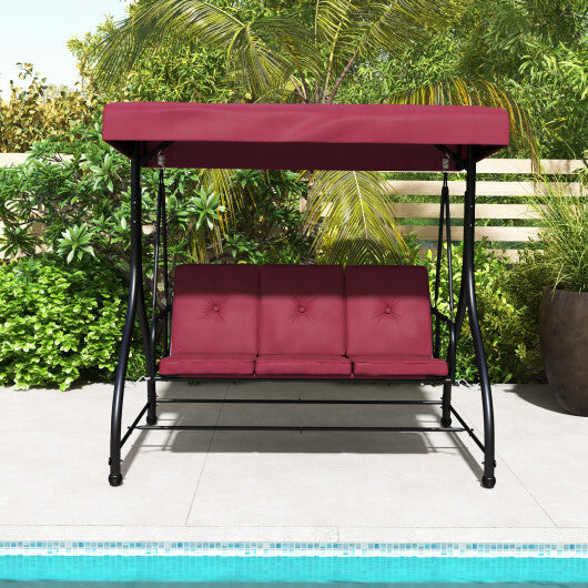 3 Seat Outdoor Porch Swing with Adjustable Canopy-Wine - Color: Wine