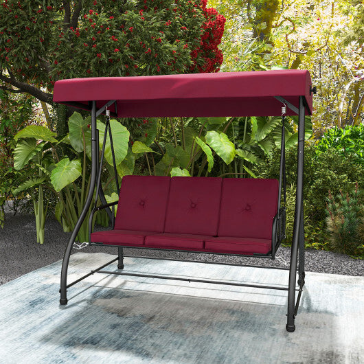 3 Seat Outdoor Porch Swing with Adjustable Canopy-Wine - Color: Wine