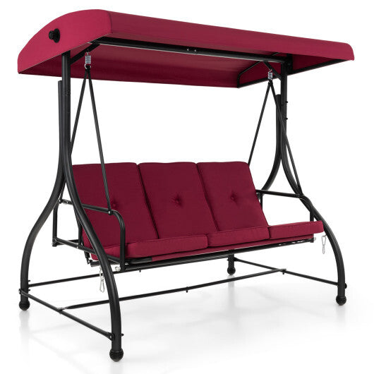 3 Seat Outdoor Porch Swing with Adjustable Canopy-Wine - Color: Wine