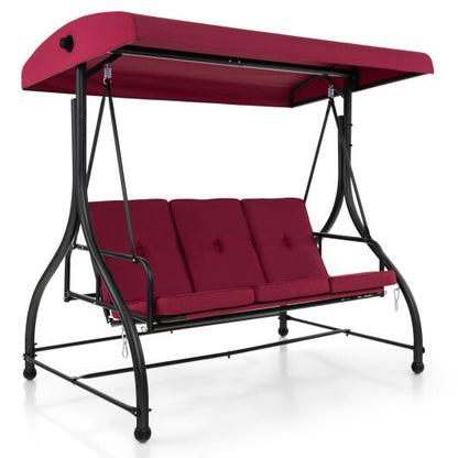 3 Seat Outdoor Porch Swing with Adjustable Canopy-Wine - Color: Wine