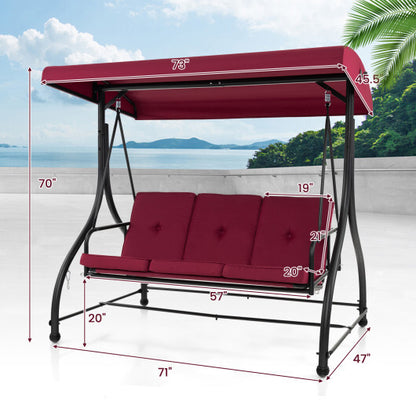 3 Seat Outdoor Porch Swing with Adjustable Canopy-Wine - Color: Wine