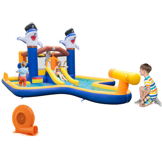 7-In-1 Water Slide Park with Splash Pool and Water Cannon with 680W Blower - Color: Multicolor