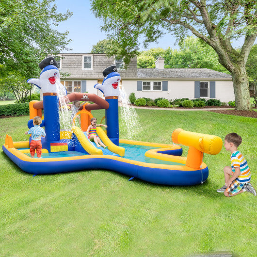 7-In-1 Water Slide Park with Splash Pool and Water Cannon without Blower - Color: Blue