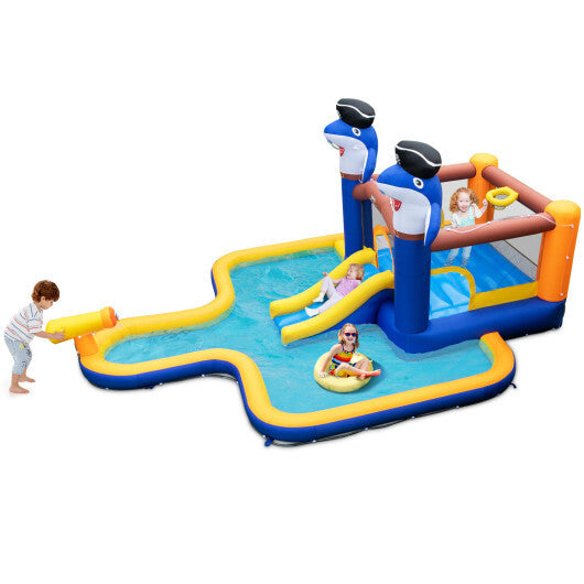 7-In-1 Water Slide Park with Splash Pool and Water Cannon without Blower - Color: Blue