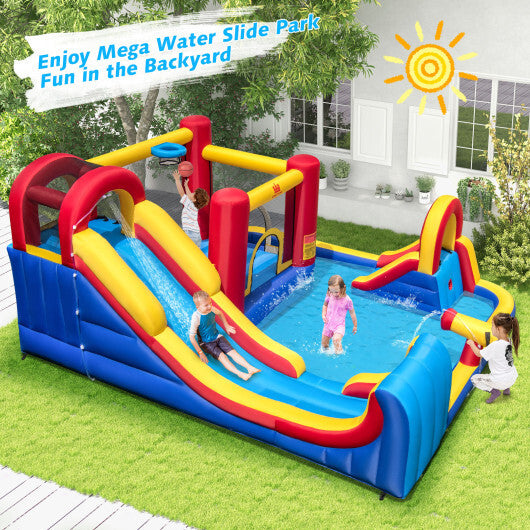 7 in 1 Outdoor Inflatable Bounce House with Water Slides and Splash Pools with 735W Blower - Color: Multicolor