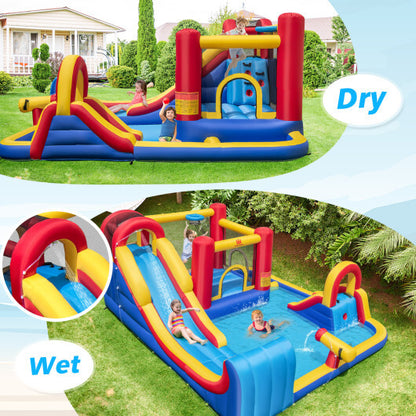 7 in 1 Outdoor Inflatable Bounce House with Water Slides and Splash Pools with 735W Blower - Color: Multicolor