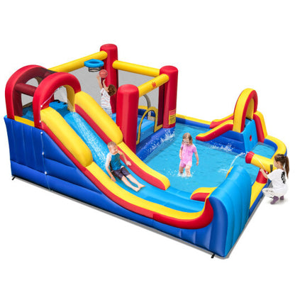 7 in 1 Outdoor Inflatable Bounce House with Water Slides and Splash Pools with 735W Blower - Color: Multicolor