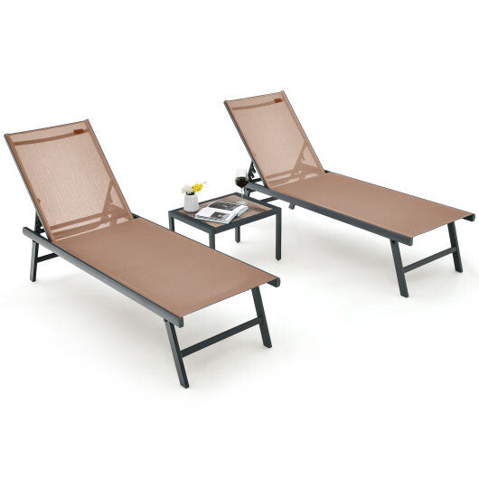 3 Pieces Patio Chaise Lounge Chair and Table Set for Poolside Yard-Brown - Color: Brown