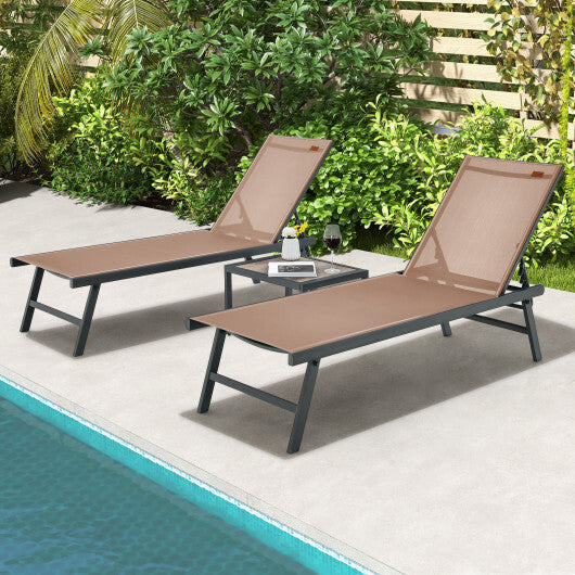 3 Pieces Patio Chaise Lounge Chair and Table Set for Poolside Yard-Brown - Color: Brown