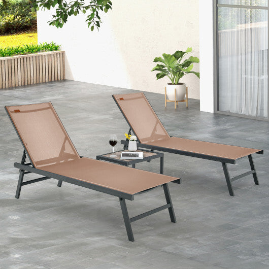 3 Pieces Patio Chaise Lounge Chair and Table Set for Poolside Yard-Brown - Color: Brown