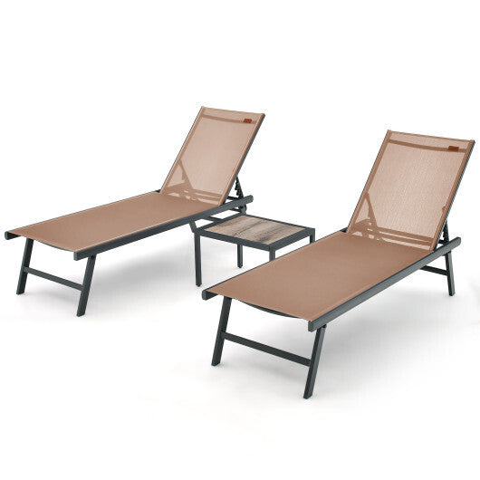 3 Pieces Patio Chaise Lounge Chair and Table Set for Poolside Yard-Brown - Color: Brown