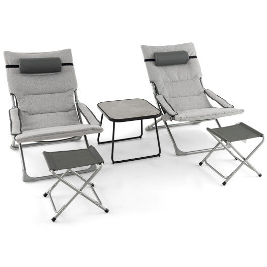 5-Piece Patio Sling Chair Set Folding Lounge Chairs with Footrests and Coffee Table-Gray - Color: Gray