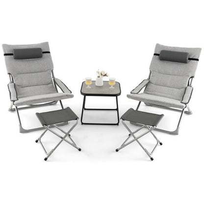 5-Piece Patio Sling Chair Set Folding Lounge Chairs with Footrests and Coffee Table-Gray - Color: Gray