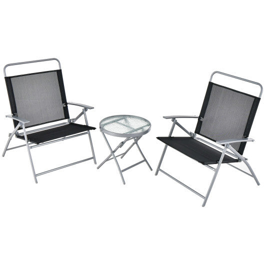 3 Pieces Patio Folding Chair Set Outdoor Metal Conversation Set - Color: Black