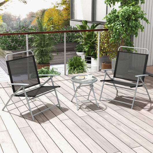 3 Pieces Patio Folding Chair Set Outdoor Metal Conversation Set - Color: Black