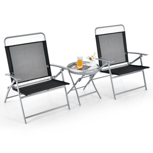 3 Pieces Patio Folding Chair Set Outdoor Metal Conversation Set - Color: Black