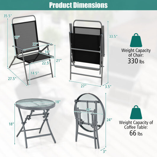 3 Pieces Patio Folding Chair Set Outdoor Metal Conversation Set - Color: Black