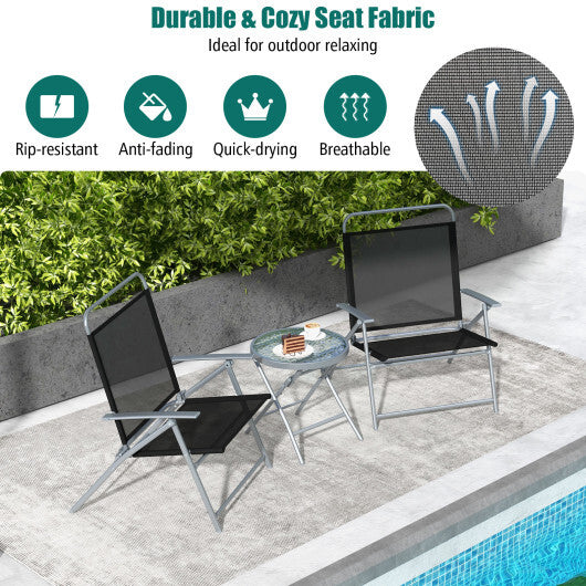 3 Pieces Patio Folding Chair Set Outdoor Metal Conversation Set - Color: Black