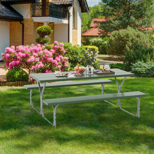 6 FT Picnic Table Bench Set Dining Table and 2 Benches with Metal Frame and HDPE Tabletop-Green - Color: Green