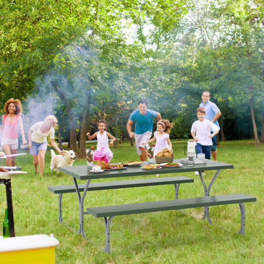 6 FT Picnic Table Bench Set Dining Table and 2 Benches with Metal Frame and HDPE Tabletop-Green - Color: Green