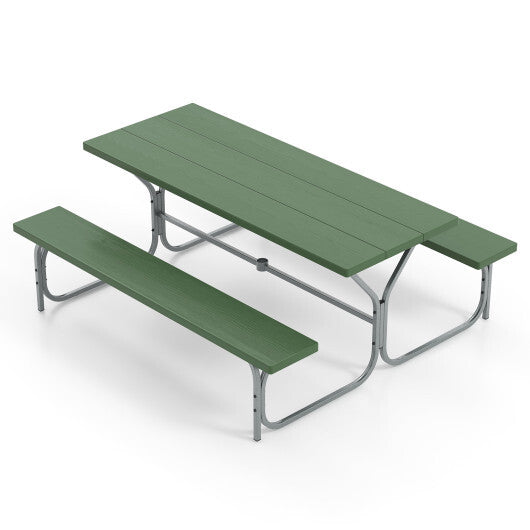 6 FT Picnic Table Bench Set Dining Table and 2 Benches with Metal Frame and HDPE Tabletop-Green - Color: Green