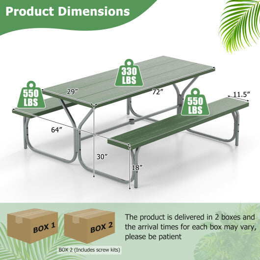 6 FT Picnic Table Bench Set Dining Table and 2 Benches with Metal Frame and HDPE Tabletop-Green - Color: Green