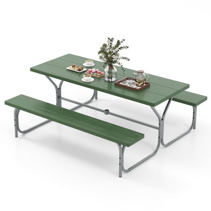 6 FT Picnic Table Bench Set Dining Table and 2 Benches with Metal Frame and HDPE Tabletop-Green - Color: Green