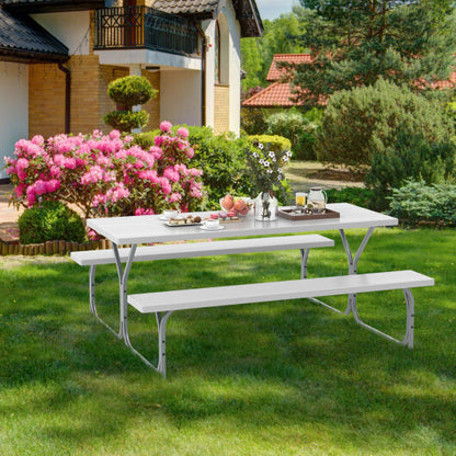 6 FT Picnic Table Bench Set Dining Table and 2 Benches with Metal Frame and HDPE Tabletop-White - Color: White