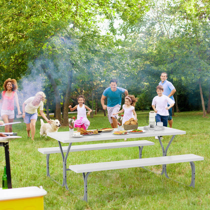 6 FT Picnic Table Bench Set Dining Table and 2 Benches with Metal Frame and HDPE Tabletop-White - Color: White